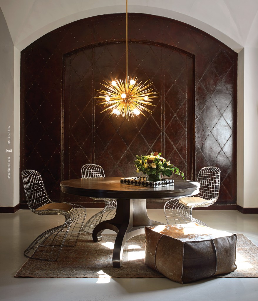 Available at JaysonHome.com – Cosmo Chandelier, Billie Dining Table, Muffet Tuffet, Neo Chair, Checker Mother of Pearl Trays, Vintage Overdyed Rug