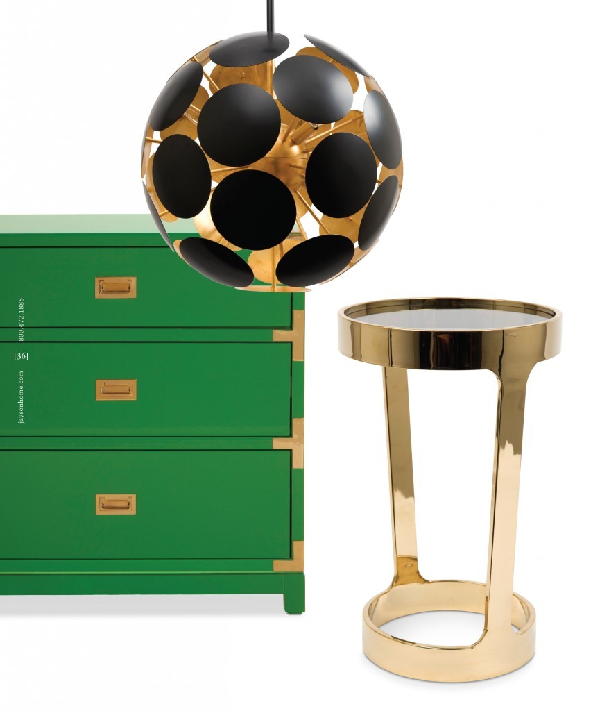 Available at JaysonHome.com - Lunar Pendant, Palms Three Drawer Table, Dax Round Table